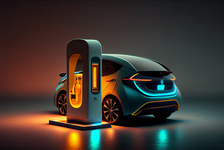 EV car with Electric charging station charger and blue glowing light stripe. Technology and transportation concept. Generative AIの素材