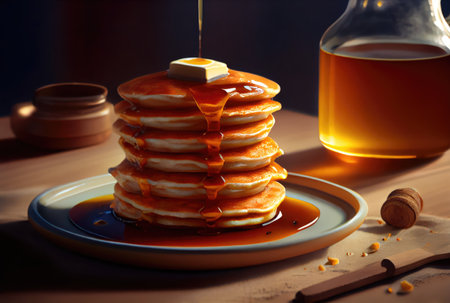 Buttermilk Pancakes in dish on the dinning table. Sweet dessert and recipe concept. Generative AIの素材