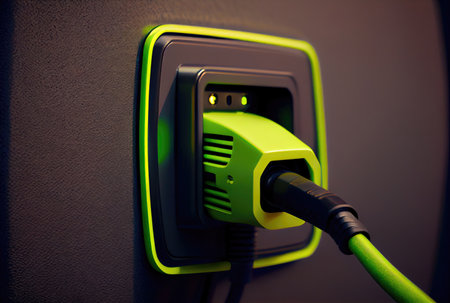 EV car plug charger on building wall at house. Technology and transportation concept. Generative AIの素材