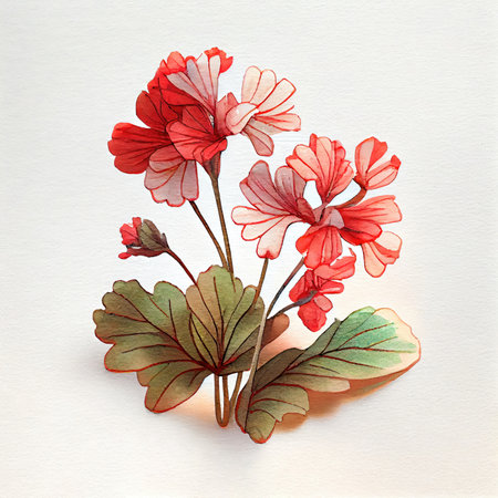 Watercolor of red flower with leaves on white drawing paper background. Nature and art concept. Generative AIの素材