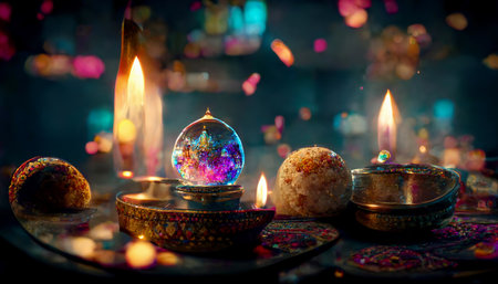 Diwali festival with colorful candles light and bokeh background. Generative AIの素材