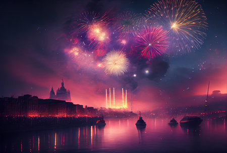 Fireworks festival in New year celebration event with city and ocean river or sea background. Generative AIの素材
