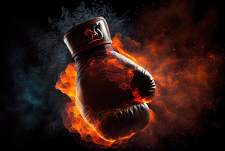 Closeup of boxing gloves with fire and smoke effect. Sport tournament and match game concept. Generative AIの素材