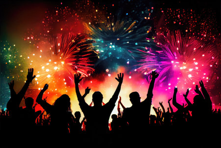 Colorful fireworks for celebration events and festival with silhouette crowd people from back view. Generative AIの素材
