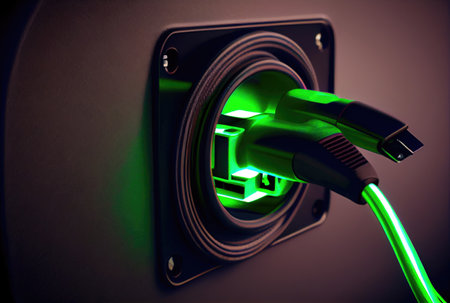 EV car plug charger on building wall at house. Technology and transportation concept. Generative AIの素材