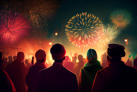 Holi day and festival with crowd people in Hindu outfits and fireworks. Generative AIの素材