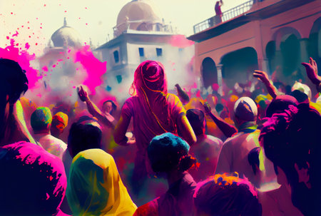 Holi day and festival with crowd people in Hindu outfits and mosque background. Generative AIの素材