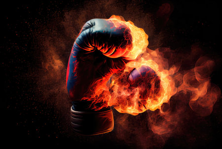 Closeup of boxing gloves with fire and smoke effect. Sport tournament and match game concept. Generative AIの素材