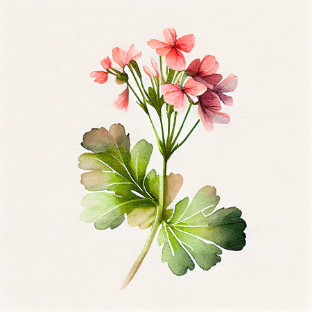 Watercolor of red flower with leaves on white drawing paper background. Nature and art concept. Generative AIの素材