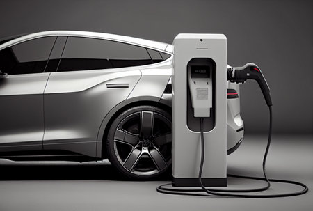 EV car with Electric charging station charger background. Technology and transportation concept. Generative AIの素材
