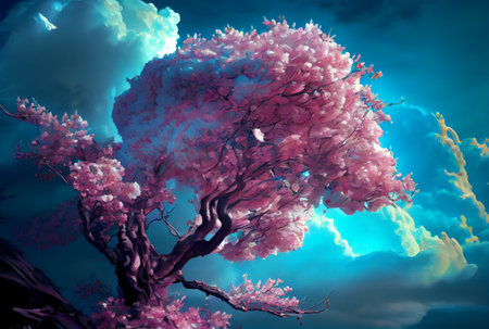 Pink Cherry Blossom tree on the earth with blue sky background. Generative AIの素材