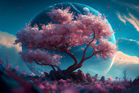Pink Cherry Blossom tree on the earth with blue sky background. Generative AIの素材