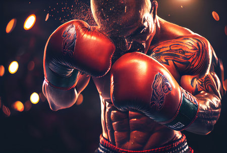 Closeup of boxer in boxing gloves to punching and fighting to his opponent with sweat splashing. Sport tournament and match game concept. Generative AIの素材