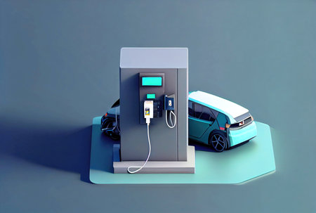 EV car with Electric charging station charger on build in wall at house. Technology and transportation concept. Generative AIの素材