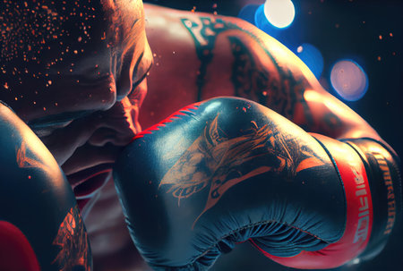 Closeup of boxer in boxing gloves to punching and fighting to his opponent with sweat splashing. Sport tournament and match game concept. Generative AIの素材