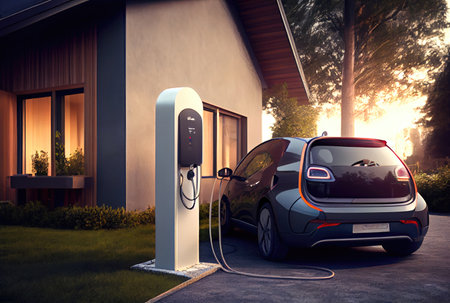 EV car with Electric charging station charger on build in wall at house. Technology and transportation concept. Generative AIの素材