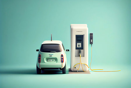 EV car with Electric charging station charger on build in wall at house. Technology and transportation concept. Generative AIの素材