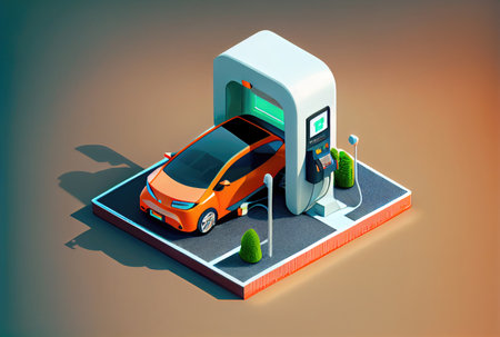 EV car with Electric charging station charger on build in wall at house. Technology and transportation concept. Generative AIの素材