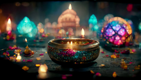 Diwali festival with colorful candles light and bokeh background. Generative AIの素材