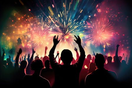 Colorful fireworks for celebration events and festival with silhouette crowd people from back view. Generative AIの素材