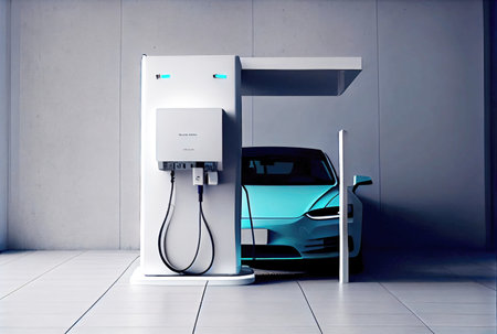 EV car with Electric charging station charger on build in wall at house. Technology and transportation concept. Generative AIの素材