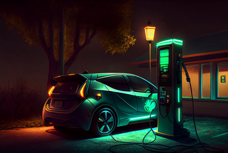 EV car with Electric charging station charger and blue glowing light stripe. Technology and transportation concept. Generative AIの素材