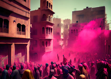 Holi festival the festival of colors with crowd people and colorful powder in the Indian town. Generative AIの素材