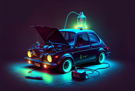 EV car with Electric charging station charger and blue glowing light stripe. Technology and transportation concept. Generative AIの素材