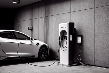 EV car with Electric charging station charger on build in wall at house. Technology and transportation concept. Generative AIの素材