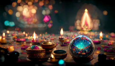Diwali festival with colorful candles light and bokeh background. Generative AIの素材