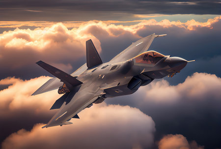 Fighter planes fly over the big city. Defensive military and world war concept. Generative AIの素材