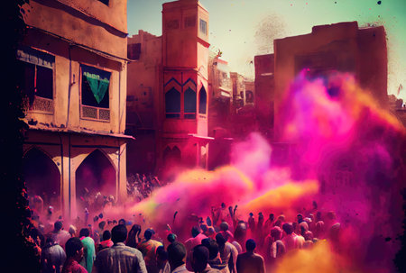 Holi festival the festival of colors with crowd people and colorful powder in the Indian town. Generative AIの素材