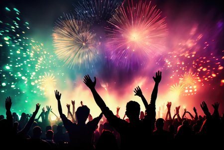 Colorful fireworks for celebration events and festival with silhouette crowd people from back view. Generative AIの素材