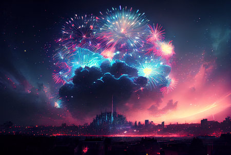 Fireworks festival in New year celebration event with city and ocean river or sea background. Generative AIの素材