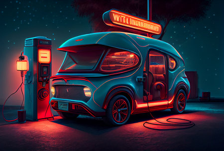 EV car with Electric charging station charger and blue glowing light stripe. Technology and transportation concept. Generative AIの素材