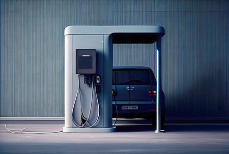 EV car with Electric charging station charger on build in wall at house. Technology and transportation concept. Generative AIの素材