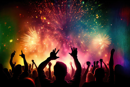 Colorful fireworks for celebration events and festival with silhouette crowd people from back view. Generative AIの素材
