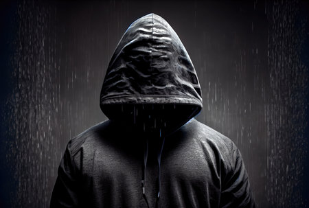 Man in a black hood covered with shadows. Unrecognizable criminal with no face. People and Criminal concept. Generative AIの素材