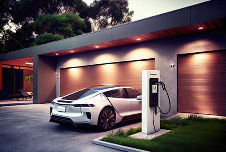 EV car with Electric charging station charger on build in wall at house. Technology and transportation concept. Generative AIの素材