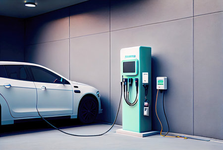 EV car with Electric charging station charger on build in wall at house. Technology and transportation concept. Generative AIの素材