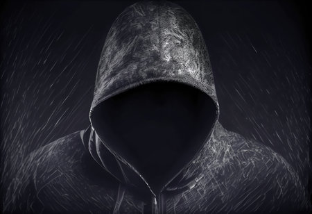 Man in a black hood covered with shadows. Unrecognizable criminal with no face. People and Criminal concept. Generative AIの素材