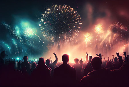 Colorful fireworks for celebration events and festival with silhouette crowd people from back view. Generative AIの素材