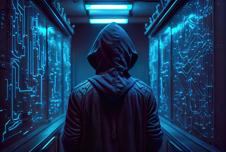 Hacker in the black hood in the server room. Unrecognizable people. Technology and Cybersecurity and Criminal concept. Generative AIの素材