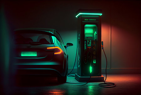 EV car with Electric charging station charger and blue glowing light stripe. Technology and transportation concept. Generative AIの素材