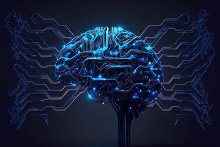 Nervous system in the human brain is powered by artificial intelligence. Business and medical health concept. Generative AIの素材