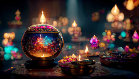 Diwali festival with colorful candles light and bokeh background. Generative AIの素材