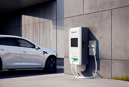 EV car with Electric charging station charger on build in wall at house. Technology and transportation concept. Generative AIの素材