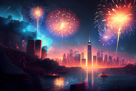 Fireworks festival in New year celebration event with city and ocean river or sea background. Generative AIの素材