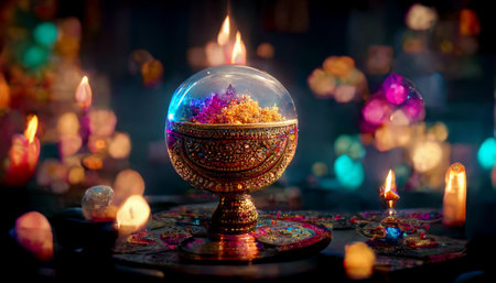Diwali festival with colorful candles light and bokeh background. Generative AIの素材