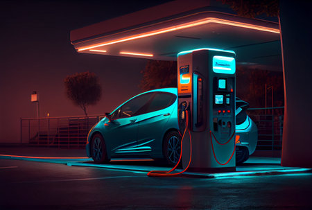 EV car with Electric charging station charger and blue glowing light stripe. Technology and transportation concept. Generative AIの素材